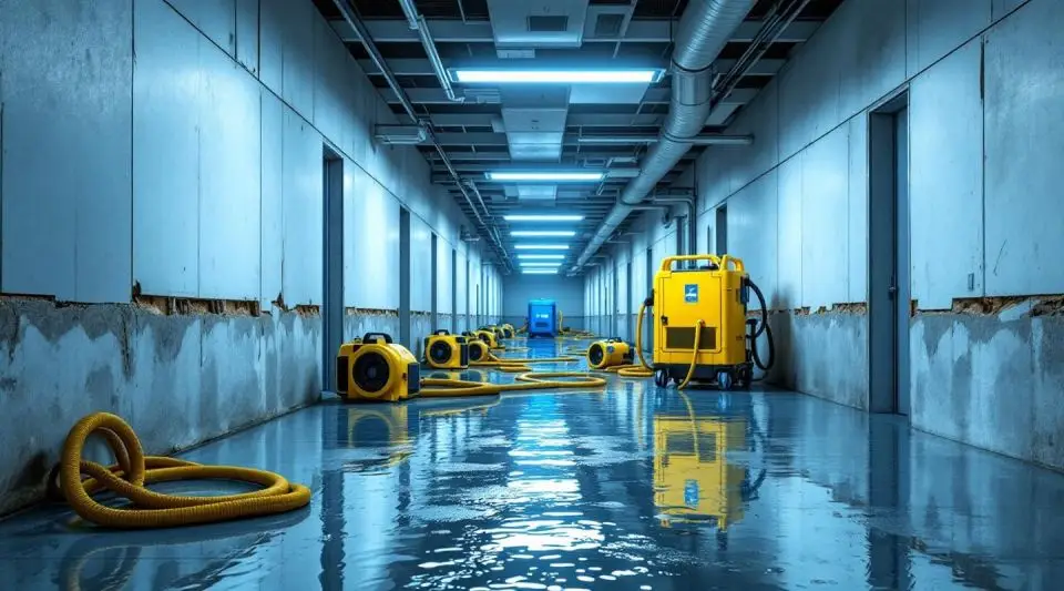 Homewise Restoration technicians using commercial water extraction equipment in a flooded Loveland office building.