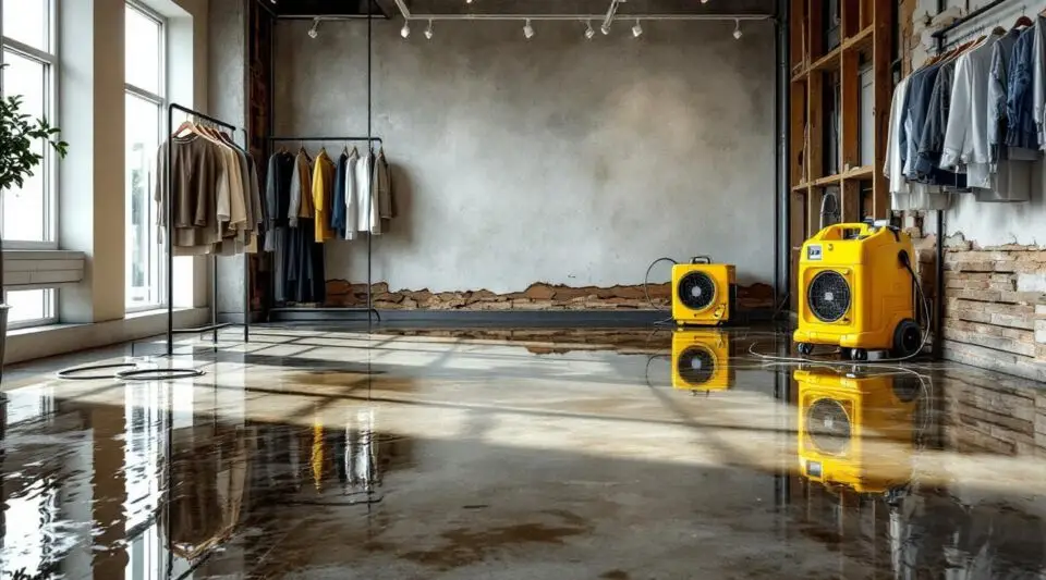 Commercial water damage technicians extracting water from a flooded retail store floor in Loveland.