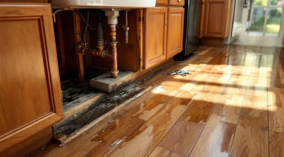 Homewise Restoration technician setting up drying equipment under water-damaged kitchen cabinets in a Loveland home.
