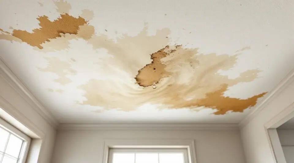 A technician inspecting a water-damaged drywall ceiling in a Loveland home using a professional thermal imaging camera.