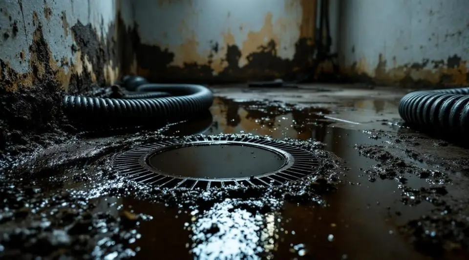Professional restoration technician in protective gear extracting contaminated water from a flooded Loveland basement.