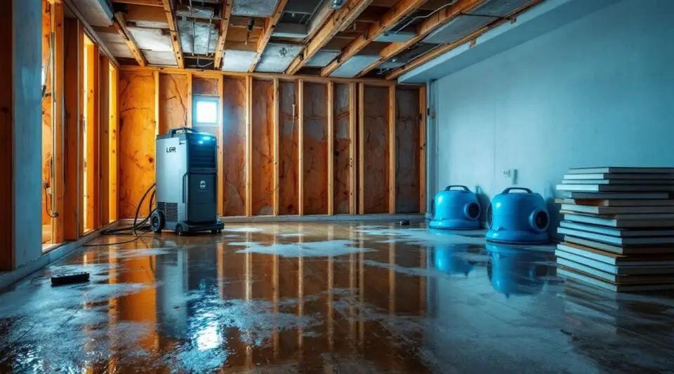 A professional restoration technician extracting water from a flooded residential basement in Loveland