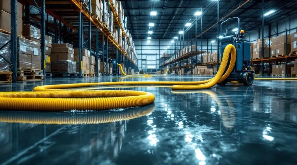 Commercial water extraction technicians using industrial truck-mounted pumps on a flooded concrete warehouse floor in Loveland.