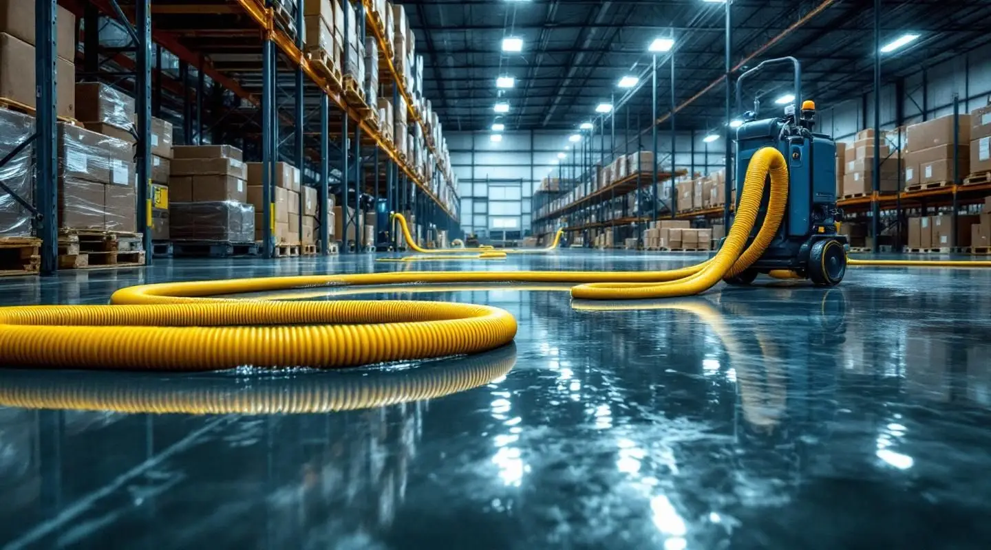 Commercial water extraction technicians using industrial truck-mounted pumps on a flooded concrete warehouse floor in Loveland.
