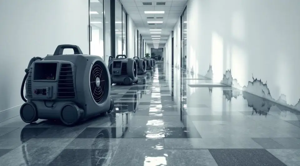 Commercial restoration crew setting up industrial desiccant dehumidifiers in a flooded Loveland office suite.
