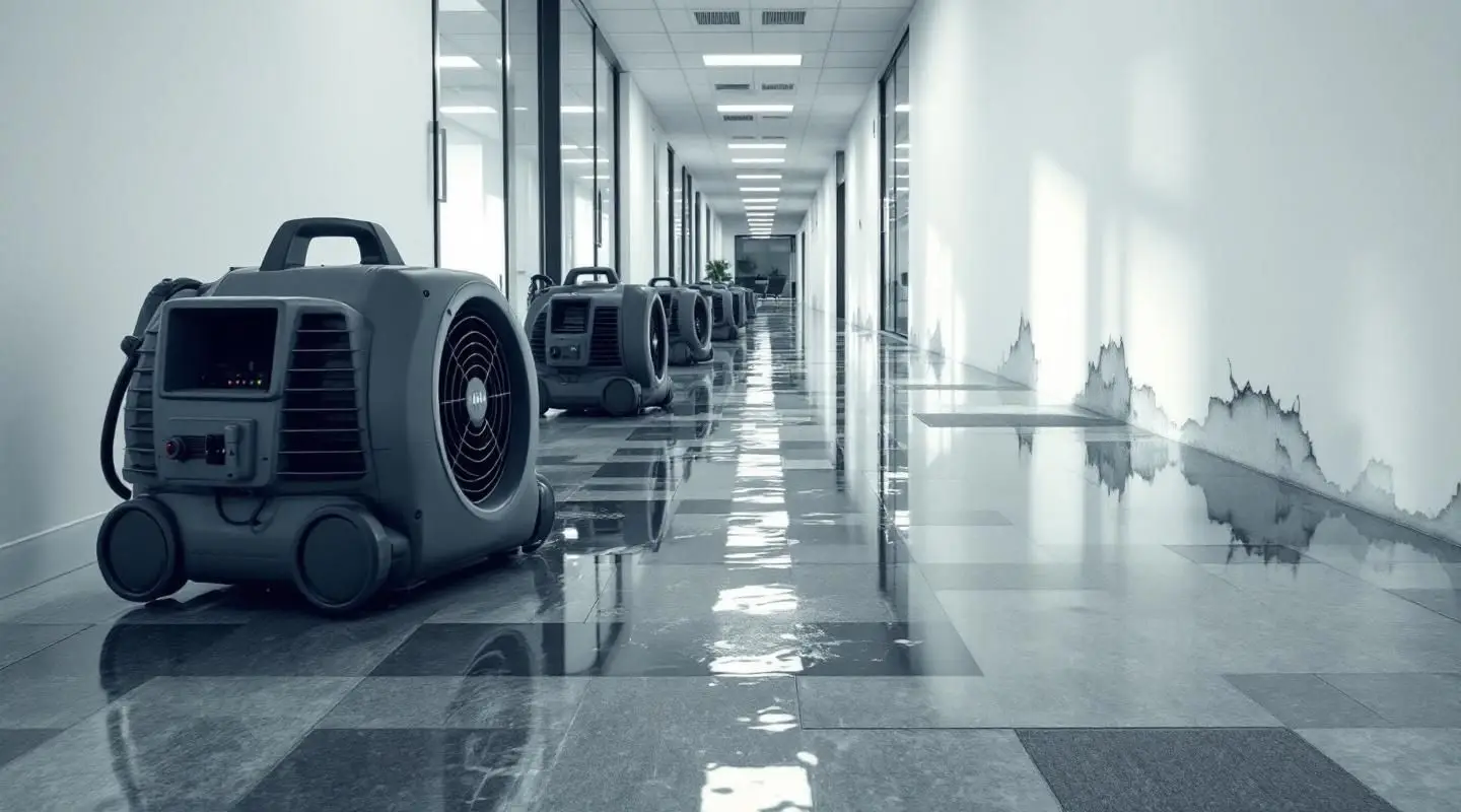 Commercial restoration crew setting up industrial desiccant dehumidifiers in a flooded Loveland office suite.