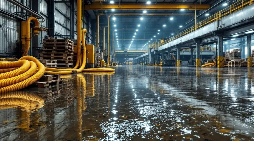 Commercial water extraction technicians using high-capacity pumps to clear a flooded warehouse floor in Boulder.