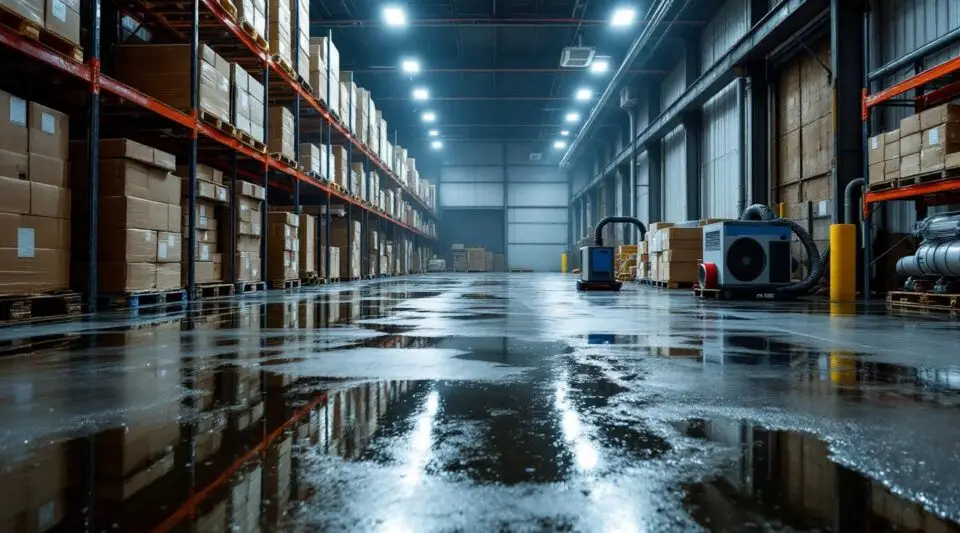 Industrial water extraction equipment drying concrete floors inside a large commercial warehouse in Loveland