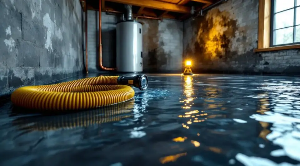 Homewise Restoration technician using a professional water extraction vacuum on a wet hardwood floor in a Loveland home.