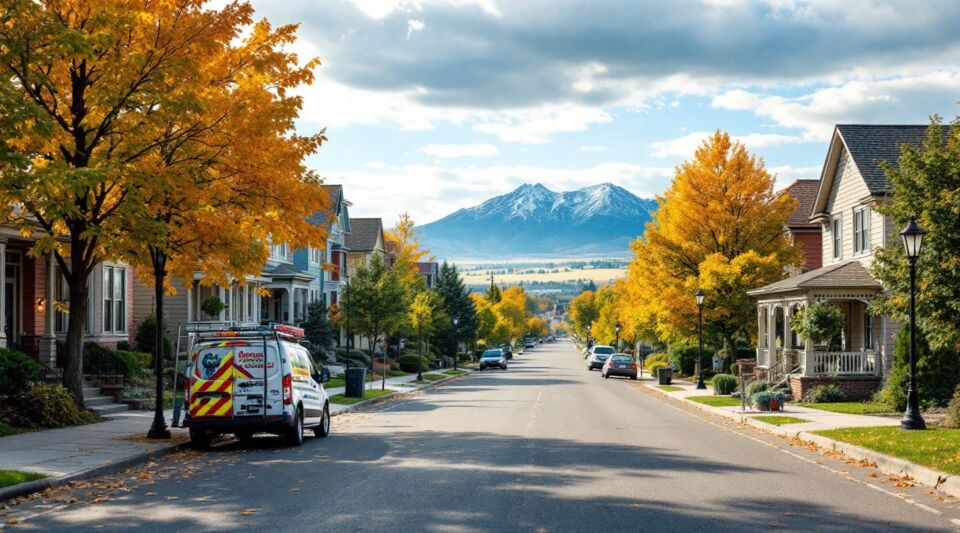 A response vehicle parked near a ranch-style home in Longmont, Colorado with the Front Range mountains visible in the distance.
