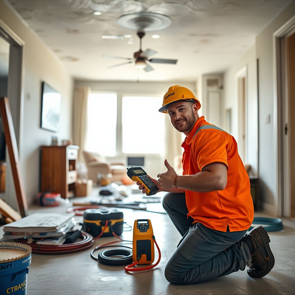 An IICRC-certified technician setting up a desiccant dehumidifier in a Westminster basement to prevent hardwood floor buckling.