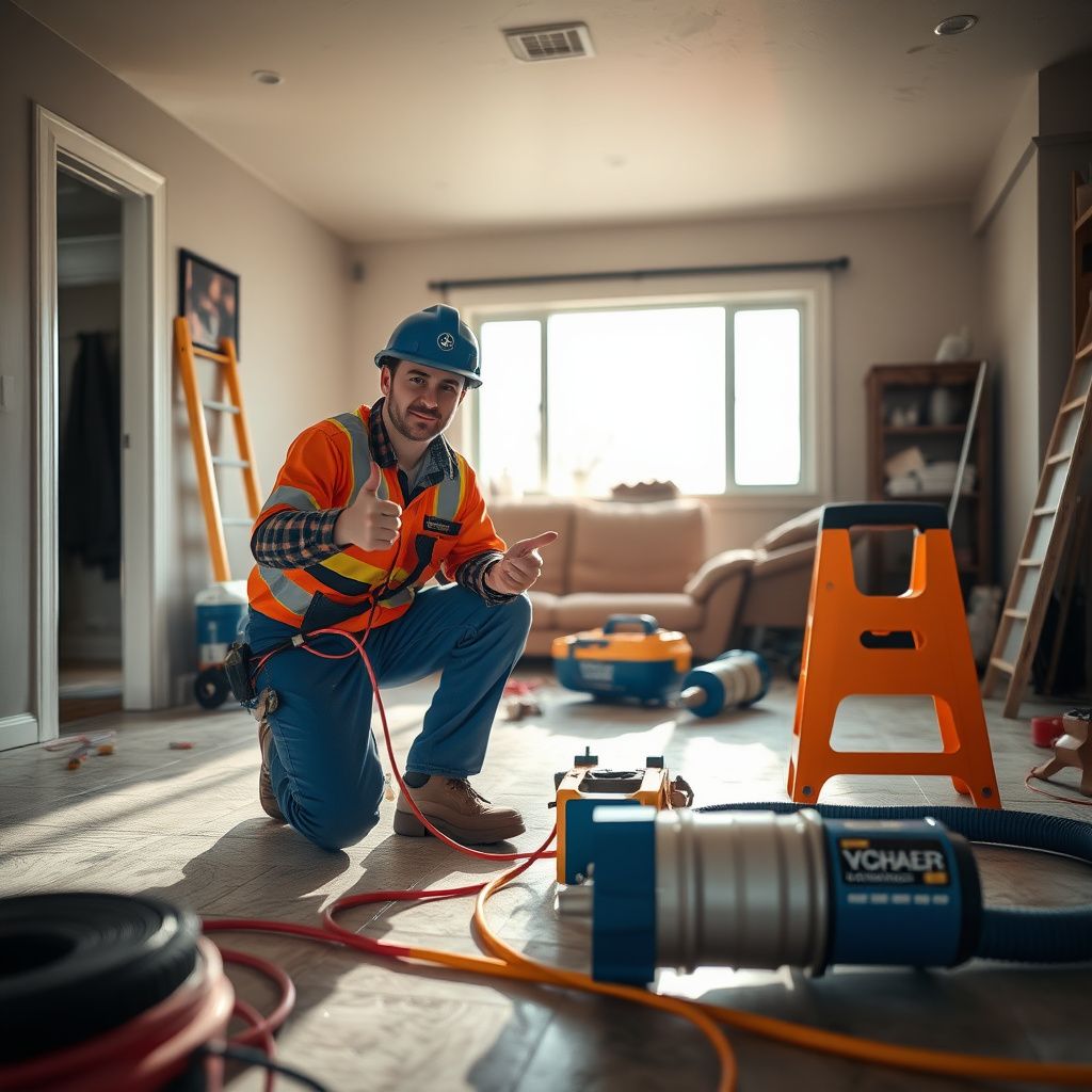 A technician checking moisture levels on a drywall surface using a non-penetrating moisture meter.