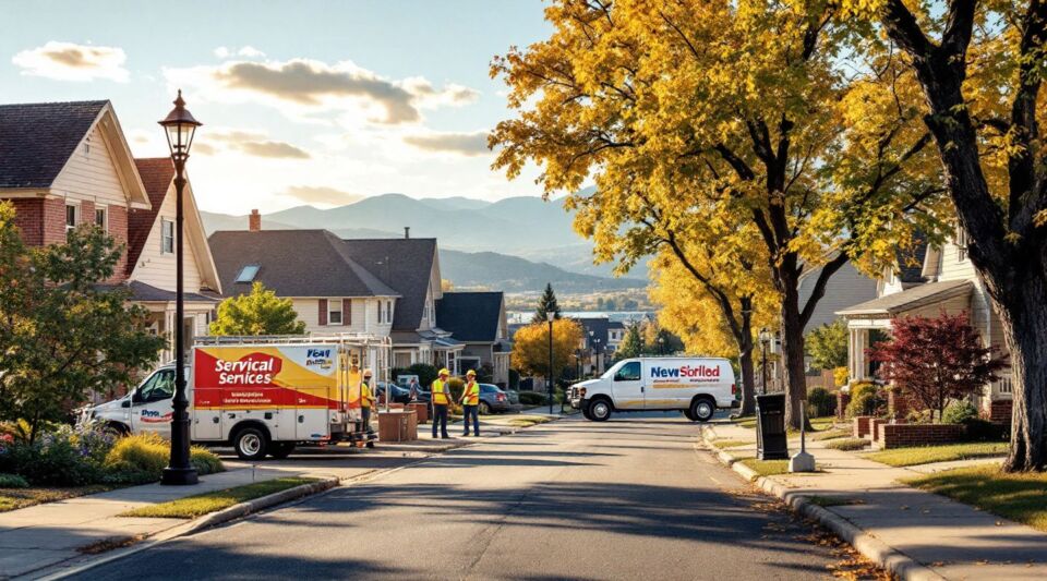 A Homewise Restoration service vehicle parked on a residential street in Broomfield, Colorado, during a crisp autumn morning.