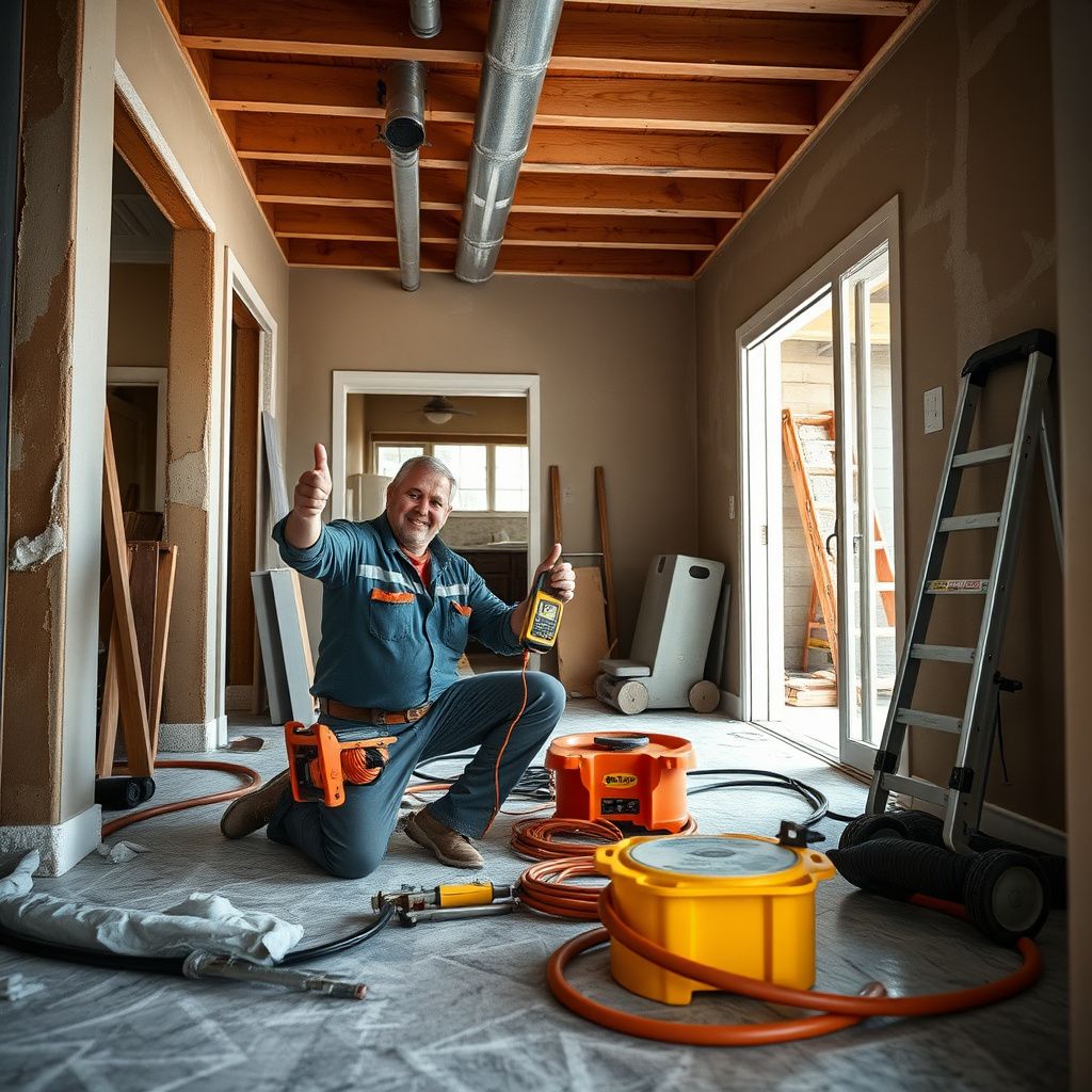 An IICRC-certified technician using a moisture meter to check the dryness of a wall in a Louisville home.