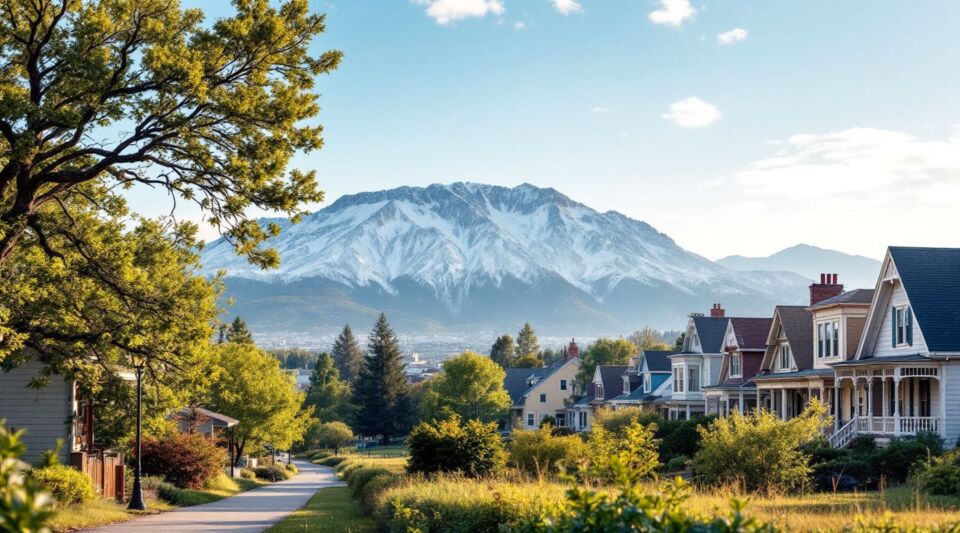 A service vehicle parked along a tree-lined street in Boulder, Colorado with the Flatirons rising in the background.