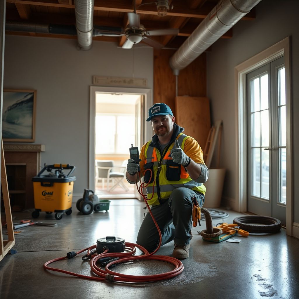 A close-up of a moisture meter detecting hidden water levels behind a drywall panel in a Lafayette basement.