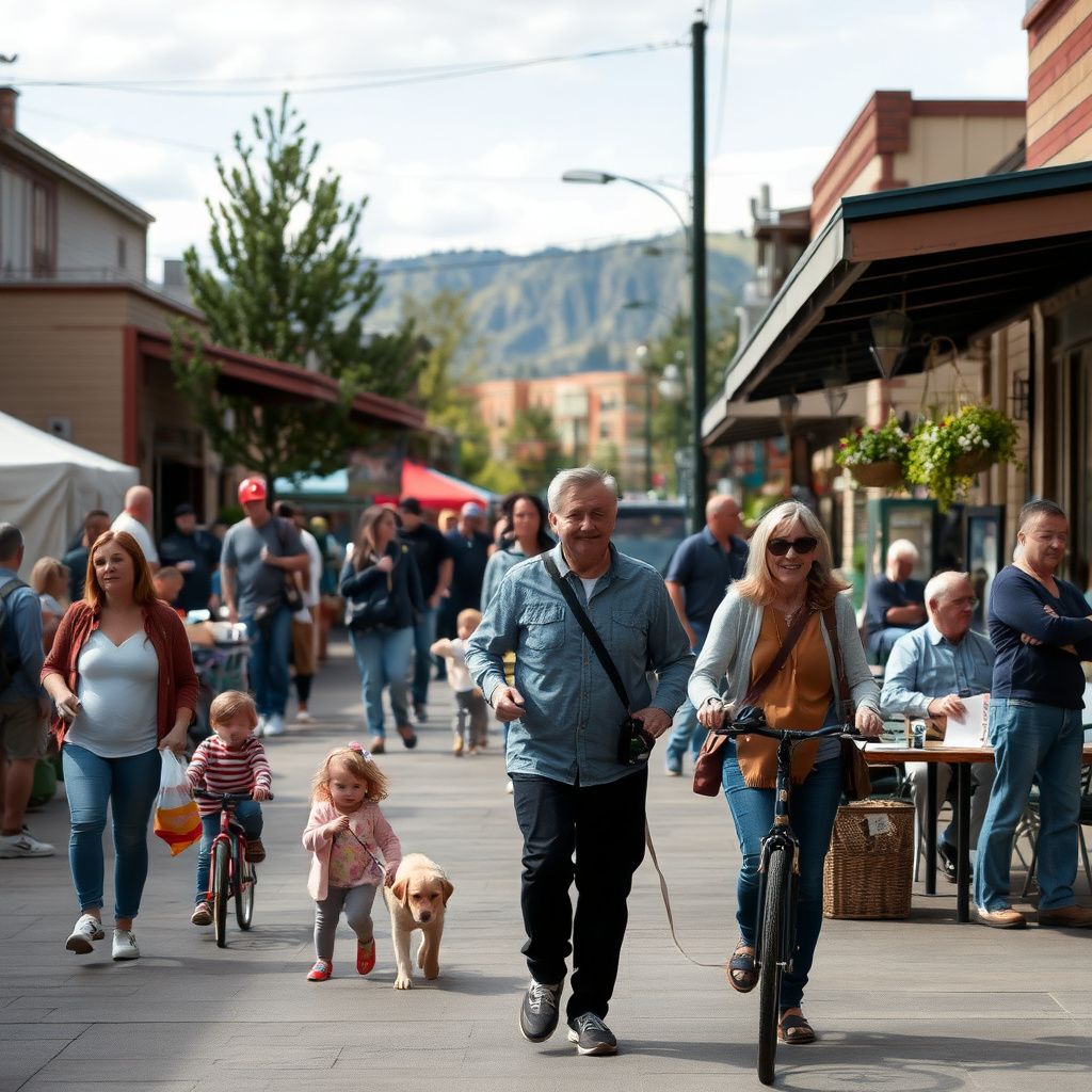A scenic view of historic wooden buildings along the main street of Nederland, Colorado, surrounded by pine trees and mountain peaks.