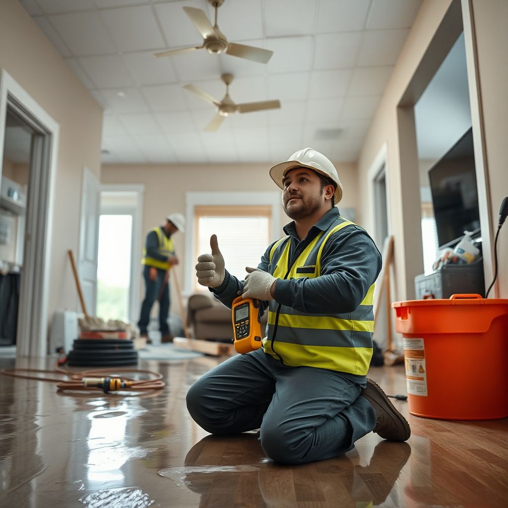 A technician using a moisture meter to check a drywall cavity in an Erie home.